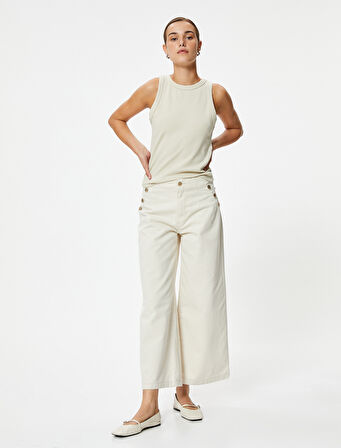 Crop Geniş Paça Kot Pantolon Yüksek Bel Düğmeli - Bianca Wide Leg Jean