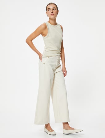 Crop Geniş Paça Kot Pantolon Yüksek Bel Düğmeli - Bianca Wide Leg Jean