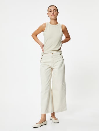 Crop Geniş Paça Kot Pantolon Yüksek Bel Düğmeli - Bianca Wide Leg Jean