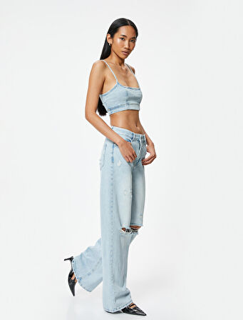 Geniş Paça Yırtık Kot Pantolon Standart Bel Düğmeli - Bianca Wide Leg Jean