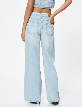 Geniş Paça Yırtık Kot Pantolon Standart Bel Düğmeli - Bianca Wide Leg Jean