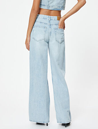 Geniş Paça Yırtık Kot Pantolon Standart Bel Düğmeli - Bianca Wide Leg Jean