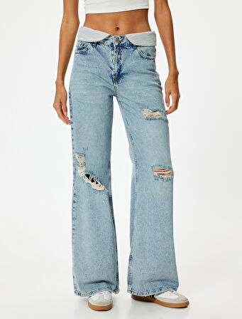Geniş Paça Yırtık Kot Pantolon Standart Bel Düğmeli - Bianca Wide Leg Jeans