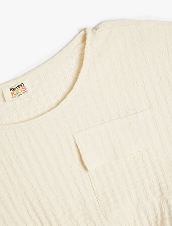 Crop Bluz Kolsuz Dokulu Beli Lastikli