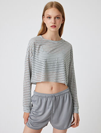 Oversize Crop Spor Tişört Bisiklet Yaka Ajurlu Uzun Kollu