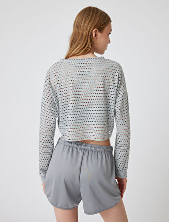 Oversize Crop Spor Tişört Bisiklet Yaka Ajurlu Uzun Kollu