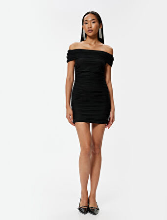 Mini Abiye Elbise Drapeli Madonna Yaka Slim Fit