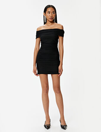 Mini Abiye Elbise Drapeli Madonna Yaka Slim Fit