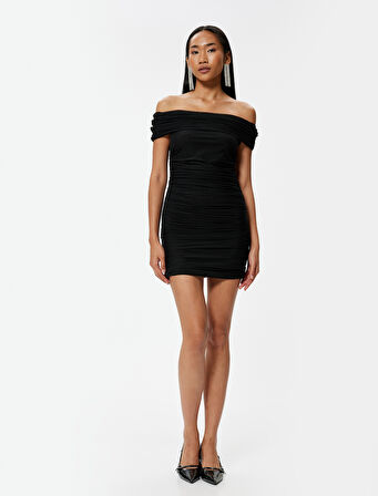 Mini Omzu Açık Abiye Elbise Drapeli Madonna Yaka Slim Fit