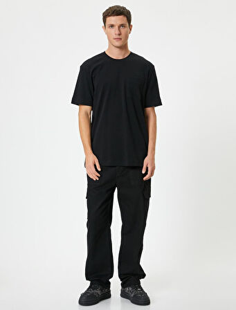 Basic Tişört Cep Detaylı Bisiklet Yaka Kısa Kollu Pamuklu