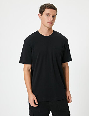 Basic Tişört Cep Detaylı Bisiklet Yaka Kısa Kollu Pamuklu