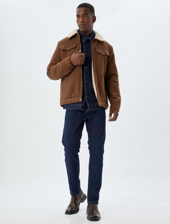 Peluş Yaka Ceket Slim Fit Cep Detaylı Fermuarlı Pamuk Karışımlı