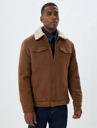 Peluş Yaka Ceket Slim Fit Cep Detaylı Fermuarlı Pamuk Karışımlı