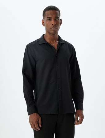 Slim Fit Gömlek Basic Uzun Kollu Pamuk Karışımlı