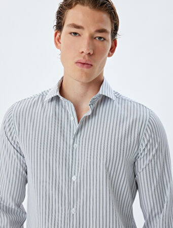 Slim Fit Gömlek Yarım İtalyan Yaka Uzun Kollu Pamuk Karışımlı