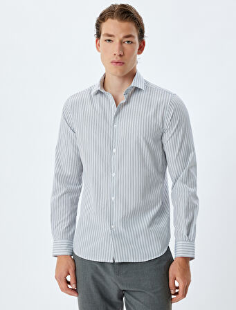 Slim Fit Gömlek Yarım İtalyan Yaka Uzun Kollu Pamuk Karışımlı