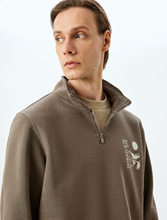 Yarım Fermuarlı Pamuk Karışımlı Baskılı Sweatshirt