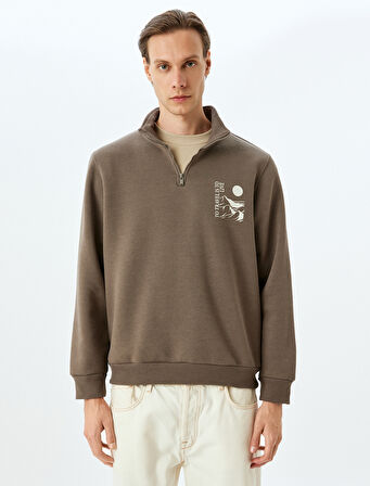 Yarım Fermuarlı Pamuk Karışımlı Baskılı Sweatshirt