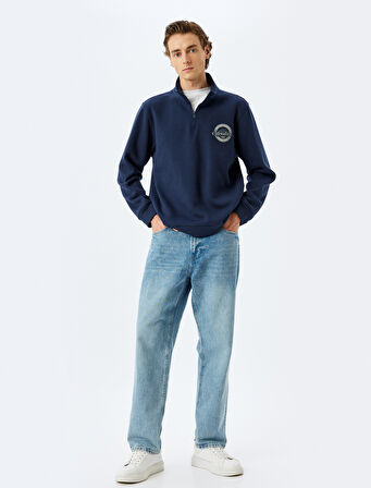 Uzun Kollu Şardonlu Pamuklu Yarım Fermuarlı Baskılı Sweatshirt