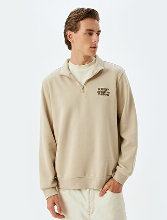 Slogan Baskılı Sweatshirt Yarım Fermuarlı Şardonlu Pamuk Karışımlı