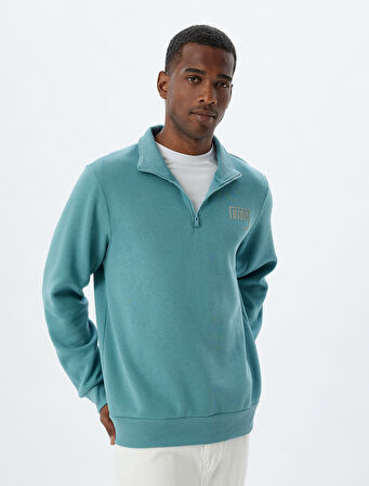 Yarım Fermuarlı Şardonlu Pamuk Karışımlı Slogan Baskılı Sweatshirt