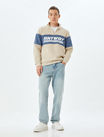 Slogan Baskılı Sweatshirt Yarım Fermuarlı Renk Bloklu Pamuk Karışımlı