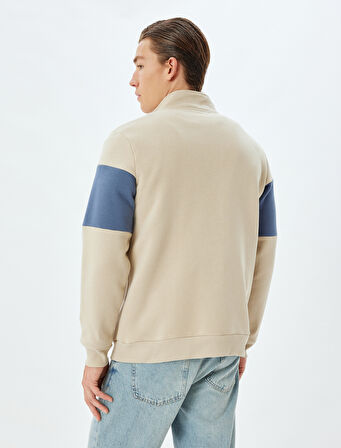 Slogan Baskılı Sweatshirt Yarım Fermuarlı Renk Bloklu Pamuk Karışımlı