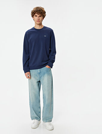 Bisiklet Yaka Sweatshirt Minimal Baskılı Basic İnterlok Kumaş Pamuk Karışımlı