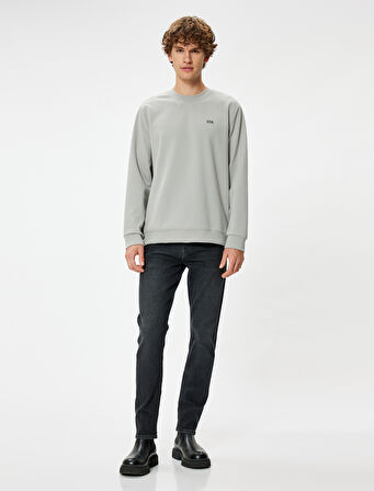 Bisiklet Yaka Sweatshirt Minimal Baskılı Basic İnterlok Kumaş Pamuk Karışımlı