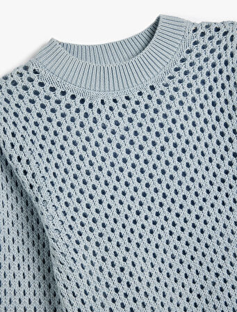 Ajurlu Kazak Triko Yuvarlak Yaka Uzun Kollu