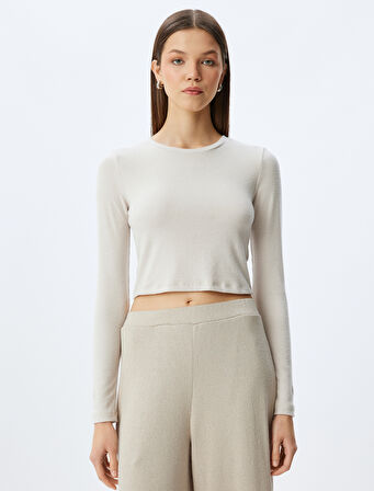 Uzun Kollu Bisiklet Yaka Örgü Crop Pijama Üstü