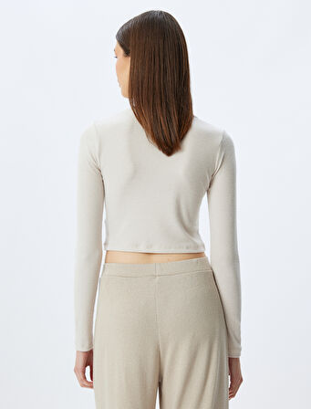 Uzun Kollu Bisiklet Yaka Örgü Crop Pijama Üstü