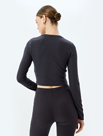 Uzun Kollu Bisiklet Yaka Örgü Crop Pijama Üstü