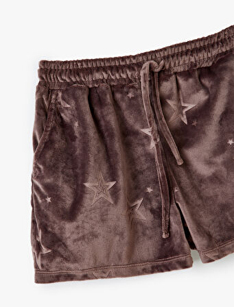 Cepli Beli Bağlamalı Yıldız Desenli Kadife Şort Pijama Altı