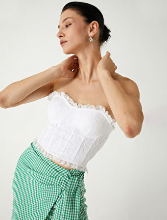 Straplez Dantelli Büstiyer Kalp Yaka Arkası Gipeli