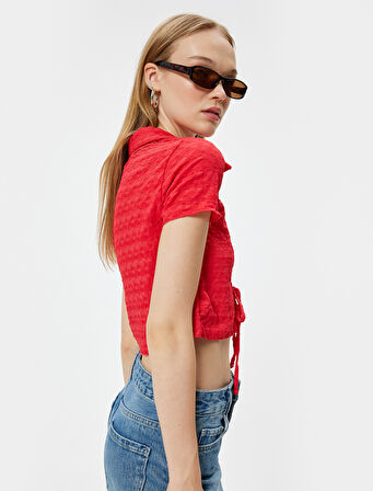 Crop Polo Yaka Tişört Önden Büzgülü Bağlamalı Dokulu