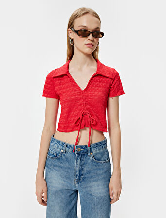 Crop Polo Yaka Tişört Önden Büzgülü Bağlamalı Dokulu