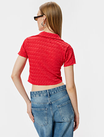 Crop Polo Yaka Tişört Önden Büzgülü Bağlamalı Dokulu