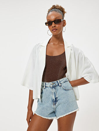 Keten Karışımlı Gömlek Kısa Kollu Düğmeli Devrik Yaka