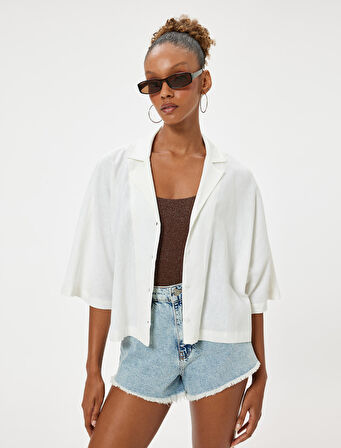 Keten Karışımlı Gömlek Kısa Kollu Düğmeli Devrik Yaka