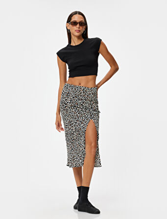 Leopar Desenli Etek Midi Yırtmaçlı Drapeli