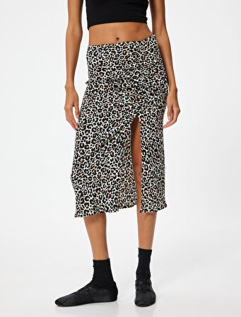 Leopar Desenli Etek Midi Yırtmaçlı Drapeli