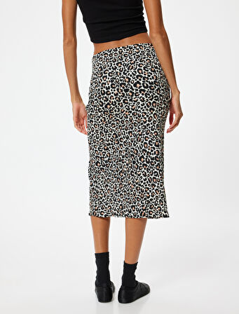 Leopar Desenli Etek Midi Yırtmaçlı Drapeli