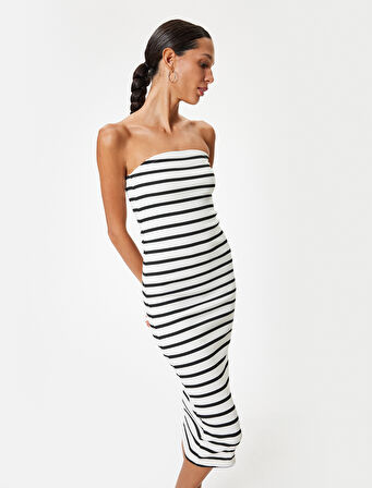 Midi Slip Elbise Straplez Yaka Kolsuz Slim Fit