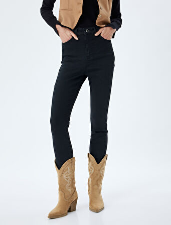Yüksek Bel Kot Pantolon Dar Paça Düğmeli Cepli - Skinny Fit Jean
