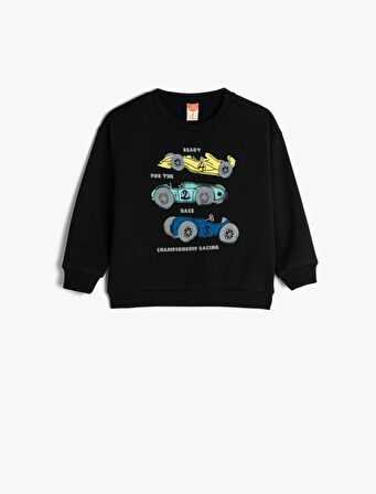 Sweatshirt Araba Baskılı Uzun Kollu Bisiklet Yaka Şardonlu