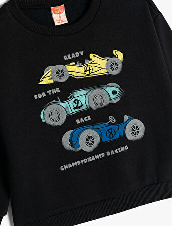 Sweatshirt Araba Baskılı Uzun Kollu Bisiklet Yaka Şardonlu