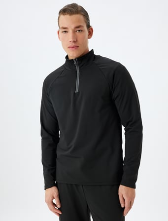 Spor Sweatshirt Şardonlu Yumuşak Tuşe Dik Yaka Yarım Fermuarlı