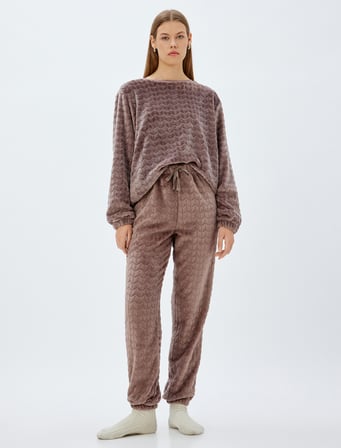 Örme Polar Pijama Üstü Lastikli Manşet Bisiklet Yaka Dokulu