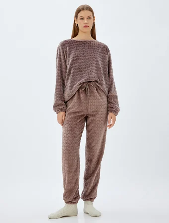 Örme Polar Pijama Üstü Lastikli Manşet Bisiklet Yaka Dokulu